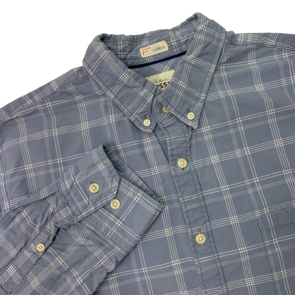 Authentic Fossil Mens 54 XL Blue White Plaid Long Sleeve Button Down Shirt